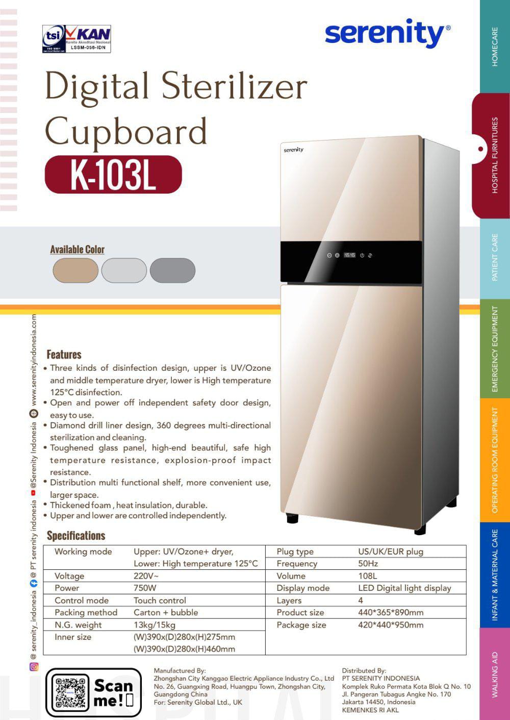 STERILISATOR 2 PINTU SERENITY K-103L